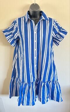J.Crew Factory Blue Stripe Ruffle Shirt Dress Size 2